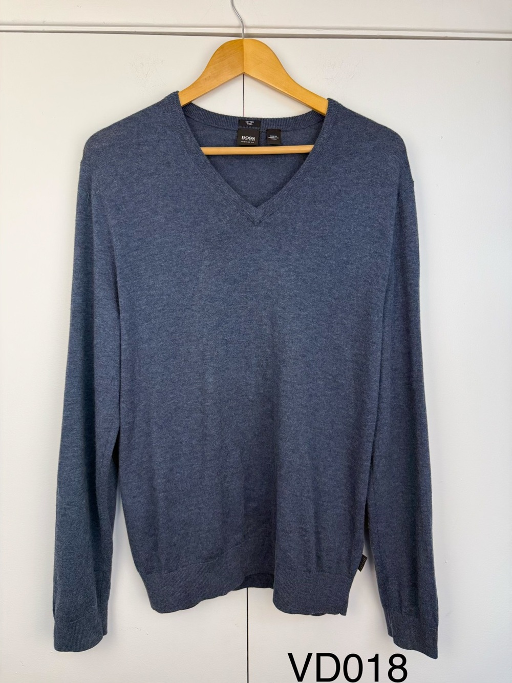 BOSS Hugo Boss Marin Blue V-Neck Wool Cotton Sweater L